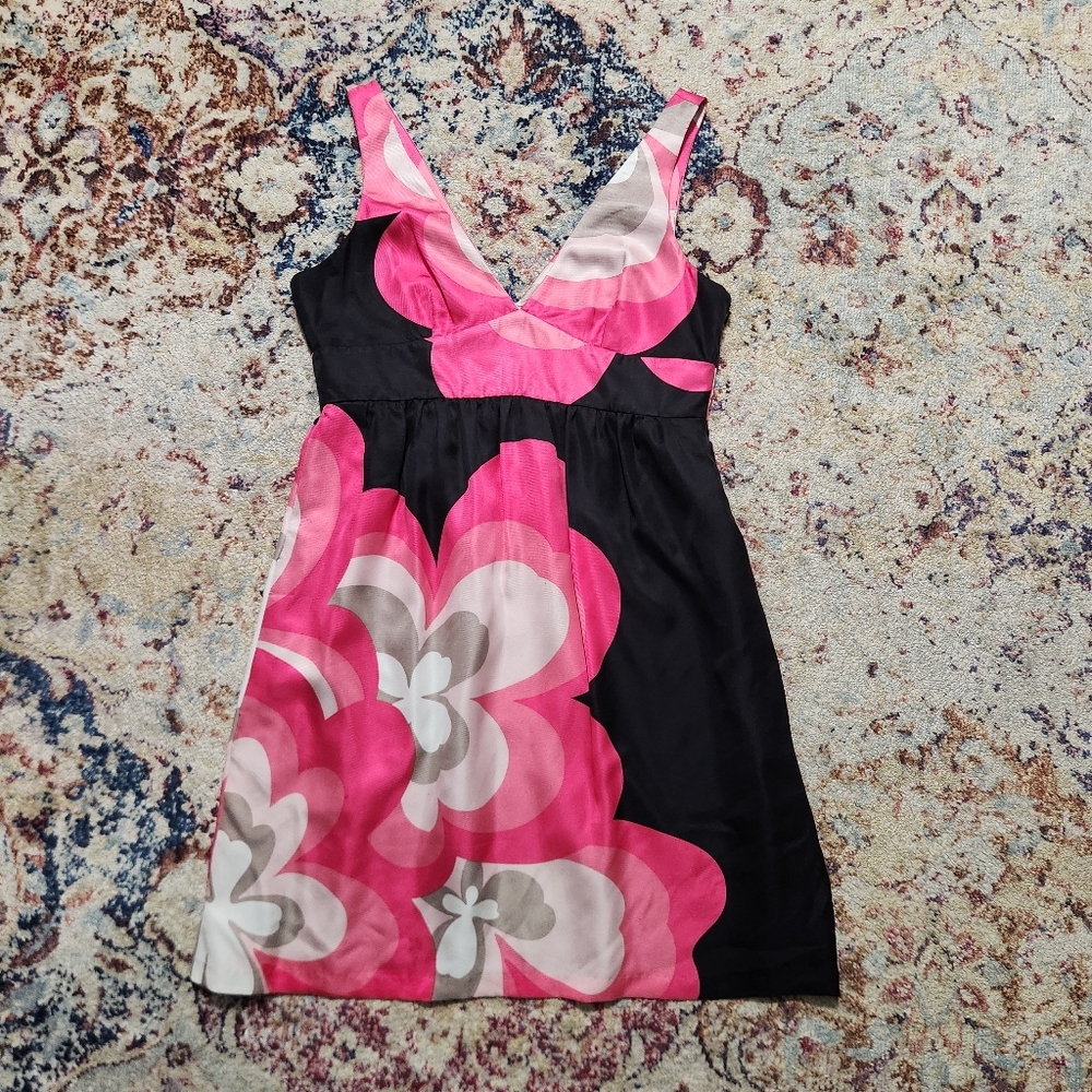 Tibi 100% Silk Floral Pink and Black Empire Waist A-Line Dress Size 12